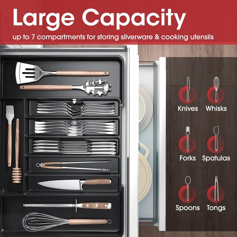 AUJEN Silverware Organizer - Expandable Kitchen Drawer Organizer, Adjustable Utensil Organizer, Cutlery Tray for Forks, Knives, Multipurpose Kitchen Organizers and Storage Solution, Black, Large - Image 3